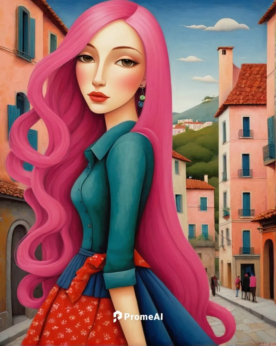 A pretty woman with long pink hair and clean clothes，by Didier Lourenço,italian painter,la violetta,woman with ice-cream,fuchsia,girl with cloth,fuschia,rapunzel,travel woman,young woman,girl in a lo