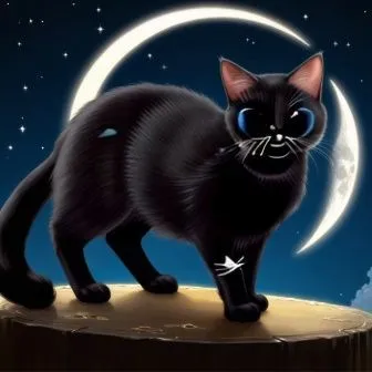 Black cat with the sign moon in a head. From cartoon, honey honey, Black Cat, sailor moon, to eat a Diamond of smiling amazing,there is a black cat with blue eyes standing on top of a rock,ravenpaw,sa