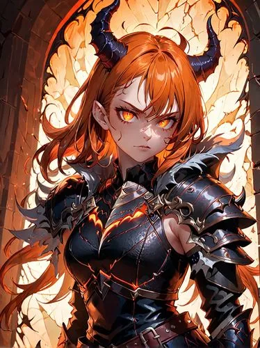 a stunning portrait of a horned female demon in a leather armor,  stands before a cracked paper screen. The demon's eyes are filled with fierce intelligence, and its fur is coated with a thick layer o