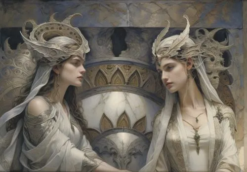 two women in white art work one of them has a mirror,priestesses,rhinemaidens,canonesses,enchanters,consorts,sorceresses,Illustration,Realistic Fantasy,Realistic Fantasy 03