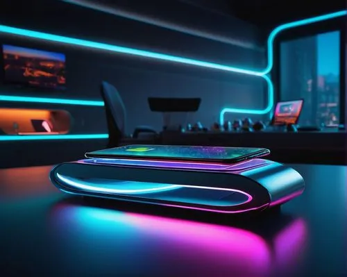 ufo interior,computer mouse,spaceship interior,futuristic,atari,wireless mouse,alienware,deskjet,3d render,lumo,neon coffee,80's design,neon,neon light,desk,consoles,console,steam machines,blur office background,neon lights,Art,Classical Oil Painting,Classical Oil Painting 03