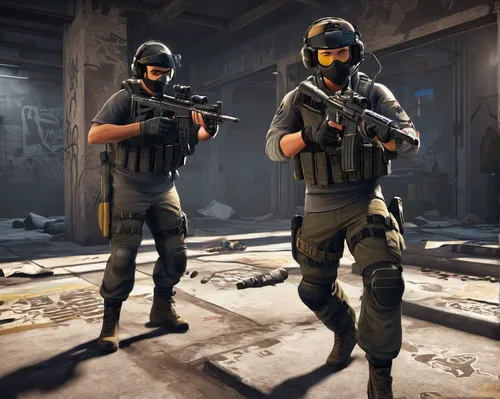 pro gamer, Counter-Strike: Global Offensive, dynamic pose, holding rifle, tactical gear, Kevlar vest, helmet, camouflage pants, combat boots, intense expression, aiming down sights, urban environment,