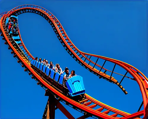 Thrilling roller coaster, amusement park, sunny day, bright blue sky, steep drop, sharp turn, loop-the-loop, vibrant colors, metallic structure, worn wooden seats, safety bars, excited riders, screami