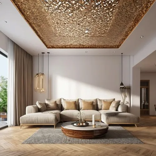 patterned wood decoration,stucco ceiling,contemporary decor,interior decoration,modern decor,interior decor,ceiling construction,interior design,luxury home interior,gold stucco frame,living room,interior modern design,cork wall,concrete ceiling,ceiling-fan,ceiling fixture,modern living room,gold wall,livingroom,sitting room,Photography,General,Realistic