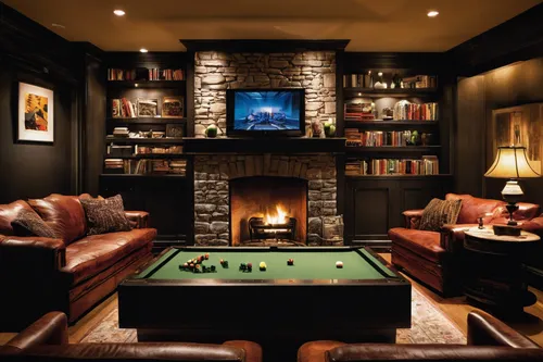 billiard room,game room,recreation room,little man cave,family room,bar billiards,fire place,apartment lounge,entertainment center,livingroom,fireplace,living room,home theater system,great room,billiard table,luxury home interior,bonus room,the living room of a photographer,lounge,fireplaces,Photography,Black and white photography,Black and White Photography 06