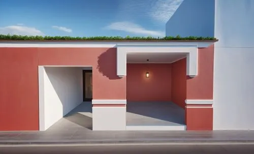 Generar una representación arquitectónica usando la paleta de colores blanco y rojo manteniendo la forma y mantener el cielo ,this is an image of red and white building,cubic house,turrell,cube house,