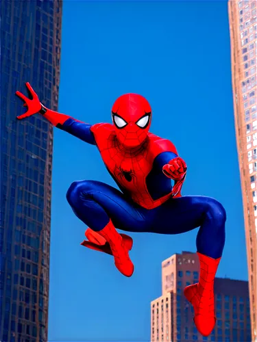 Spider-Man mask, half-face portrait, red and blue costume, detailed eyes, bright smile, messy brown hair, youthful appearance, heroic pose, confident expression, city skyscraper background, low-angle 