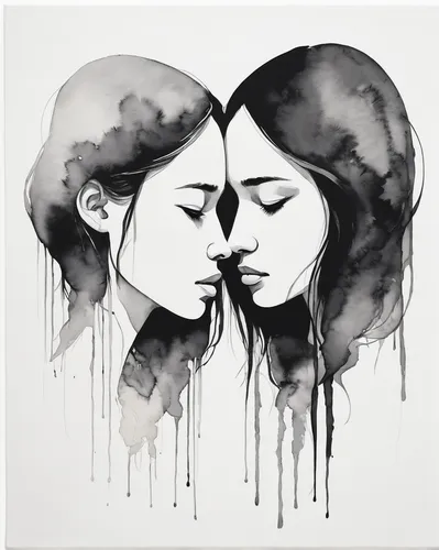 yinyang,yin-yang,yin yang,opposites,gemini,two girls,yin and yang,two people,dualism,women silhouettes,duality,sirens,double exposure,split personality,girl kiss,mirror image,ink painting,man and woman,lovesickness,emotions,Illustration,Paper based,Paper Based 07