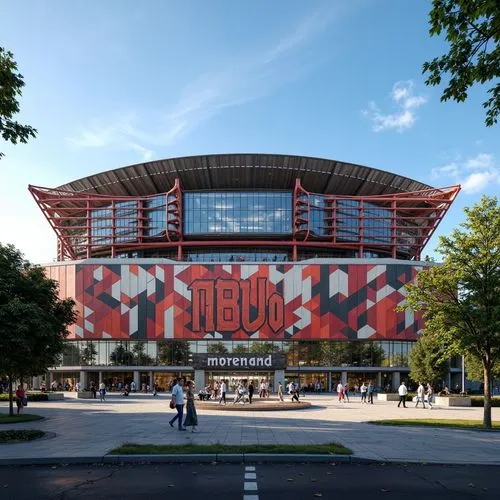 Grandiose football stadium, angular structuralist fa\u00e7ade, cantilevered roofs, exposed steel beams, dynamic curves, vibrant team colors, LED lighting systems, monumental entrance gates, ornate met