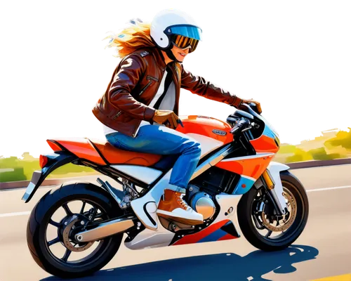 Rabbit, motorcycle rider, helmet, goggles, brown leather jacket, blue jeans, white sneakers, holding handlebars, speeding, windy hair, happy expression, shiny chrome exhaust pipe, black tires, road te