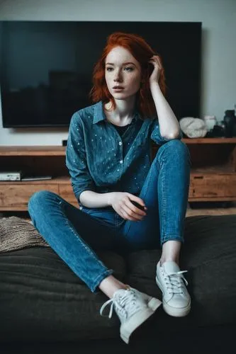 denim,girl sitting,denim jeans,woman sitting,depressed woman,girl in overalls,bluejeans,sofa,jena,teen,denim jumpsuit,blue shoes,jean jacket,tv,maci,denim jacket,jeans,young woman,portrait of a girl,moody portrait,Photography,Documentary Photography,Documentary Photography 08