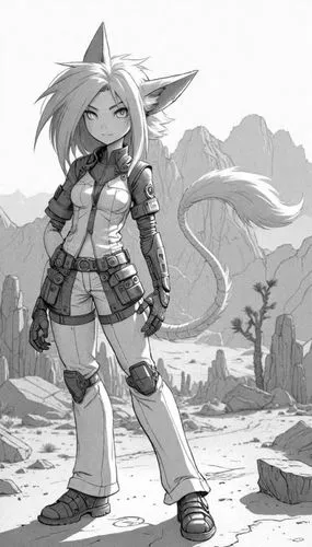 desert fox,wasteland,adventurer,desert background,grayscale,wayforward,Design Sketch,Design Sketch,Detailed Outline