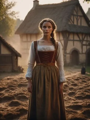 ((cinematographic image of a medieval beautiful maid woman in a small medieval settlement)) in the middle of a wooded field, (wet ground:1.3), golden hour, warm lighting, volumetric light, haze, foggy