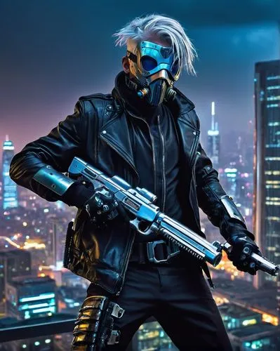 Futuristic assassin, cyborg, solo, (25yo), piercing blue eyes, silver hair, mechanical limbs, black leather jacket, metallic gloves, high-tech mask, dual laser guns, standing, cityscape, skyscraper, n