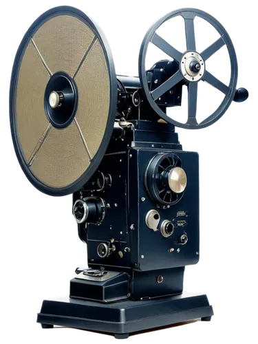 Old movie projector, vintage style, metal body, reel-to-reel film, bright lens, warm light, cinematic sound effects, loudspeaker, retro ambiance, 3/4 composition, shallow depth of field, soft focus, n