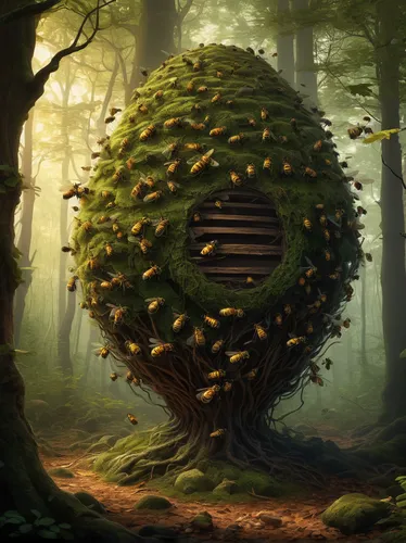 Imagine a mysterious bee hive hidden deep in a spooky forest.,tree mushroom,lonely chestnut,mushroom landscape,insect ball,fallen acorn,forest mushroom,tree house,tree's nest,caterpillar gypsy,druid s