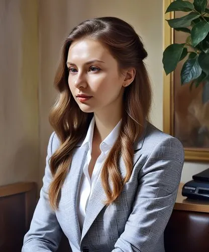 A young Russian woman, 25 years old, in a suit, hyperrealistic photo,a woman with long hair, wearing a suit jacket and white shirt,spiridonova,sobchak,karjakin,nabiullina,andriyanova,aspandiyarova