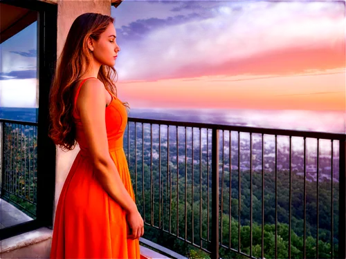 orange sky,yogananda,greenscreen,overlook,overlooking,alycia,orange,balcony,hdr,photo shoot with edit,dusk background,viewpoint,vistas,girl in a long dress,with a view,scenic view,meditative,sunset,girl in red dress,reedited,Illustration,Retro,Retro 24