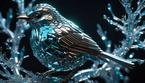 an ornamental bird,ornamental bird,decoration bird,glass yard ornament,glass ornament,birds blue cut glass,cinema 4d,raven sculpture,feathers bird,blue parrot,ornamental duck,blue peacock,3d crow,peacock,blue bird,water bird,ornament,glass decorations,beautiful bird,fairy peacock,Conceptual Art,Sci-Fi,Sci-Fi 09