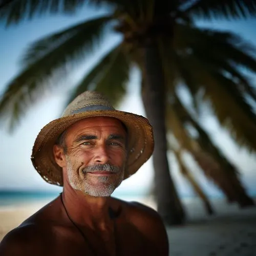 one man on beach,coconut hat,high sun hat,ordinary sun hat,man portraits,yellow sun hat,monopod fisherman,cuba beach,cayo coco,man at the sea,coconuts on the beach,sun hat,panama hat,sun hats,holding 