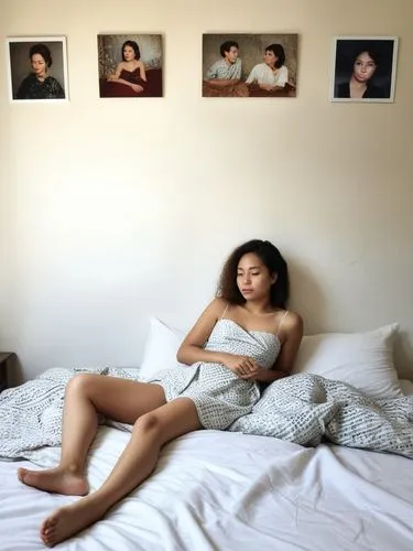 a woman makes herself comfortable on a bed in front of a few photos,a woman laying on a bed in a bedroom,woman on bed,girl in bed,asian woman,bedrooms,depressed woman,bedroom