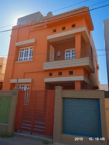 this orange colored house has a gated walkway,3d rendering,riad,block of houses,shaders,mansard,shader,apartment house,residential house,residencial,exterior decoration,blocks of houses,cubic house,ro