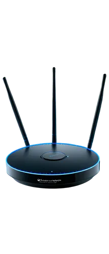 Wireless router, modern design, glowing blue lights, circular shape, antenna on top, sleek metal body, intricate circuitry details, shiny surface, 3/4 composition, low-angle shot, dramatic lighting, h