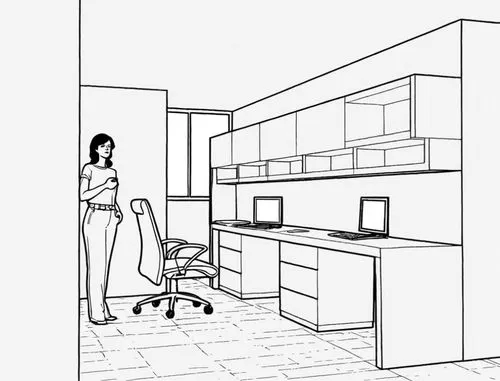 a woman standing in front of a desk and computer monitor,office line art,sketchup,kitchen design,working space,revit,habitaciones,Design Sketch,Design Sketch,Black and white Comic