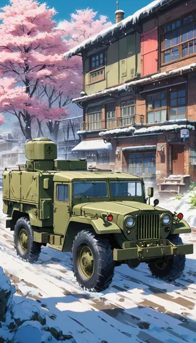 gaz-53,ural-375d,uaz-452,uaz-469,uaz patriot,convoy,military vehicle,cold cherry blossoms,artillery tractor,m35 2½-ton cargo truck,japanese sakura background,kamaz,sakura background,armored vehicle,combat vehicle,m113 armored personnel carrier,military jeep,tracked armored vehicle,humvee,armored car,Illustration,Japanese style,Japanese Style 03