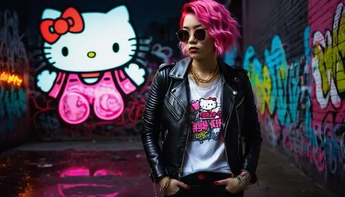 Hello Kitty, gangster, pink hair tie, golden chain necklace, white shirt with rolled-up sleeves, black leather jacket, ripped jeans, red sneakers, graffiti wall, urban cityscape, night scene, neon lig