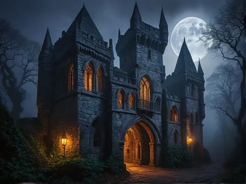 haunted cathedral,haunted castle,ravenloft,gothic style,ghost castle,witch's house,the haunted house,witch house,haunted house,fairy tale castle,dark gothic mood,gothic,fairytale castle,gothic church,castle of the corvin,hauntings,hogwarts,moonlit night,neogothic,fantasy picture,Illustration,Retro,Retro 16