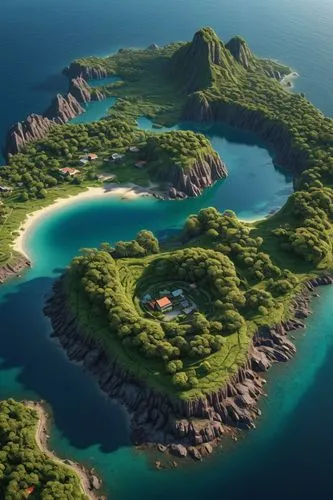 Make me an illustration of a island on an alien planet with a small rural town.,lavezzi isles,islands,kei islands,archipelago,islet,islets,flying island,green island,archipelagos,floating islands,isla