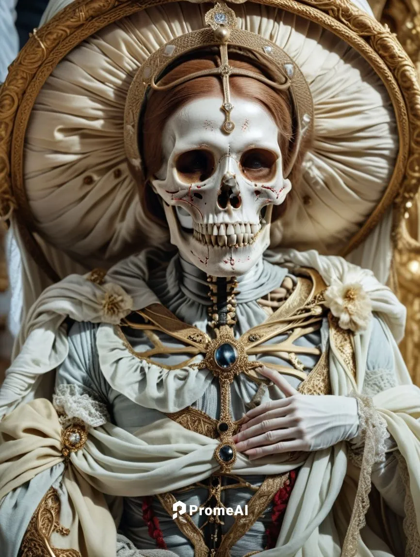 Depictions of death can evoke comfort, awe or even curiosity.,a skeleton in an elaborate dress with a large golden headdress,la catrina,la calavera catrina,el dia de los muertos,caridad,calavera,day o