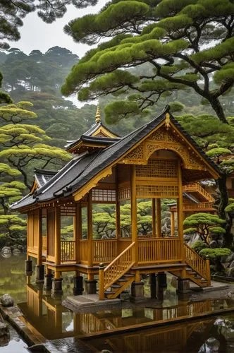 there is a pavilion in the water near trees,golden pavilion,the golden pavilion,japan garden,japanese garden,japanese shrine,ginkaku-ji temple,Photography,General,Realistic