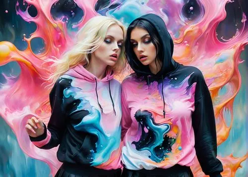 swirlgirls,neon ghosts,neon body painting,spraypainted,windbreakers,hoodies,Illustration,Realistic Fantasy,Realistic Fantasy 37