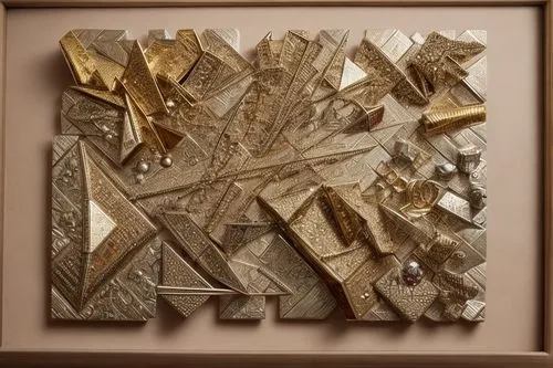 wood diamonds,quartz clock,pyrite,gold foil art deco frame,paper art,torn paper,art deco frame,gilding,wood mirror,gold stucco frame,gold leaf,abstract gold embossed,paper frame,arrowheads,shards,deco