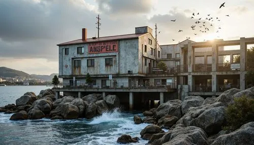 Weathered concrete facades, rusted metal accents, distressed wood textures, industrial piping systems, reinforced steel beams, rugged coastal landscape, rocky shores, crashing waves, seagulls flying o