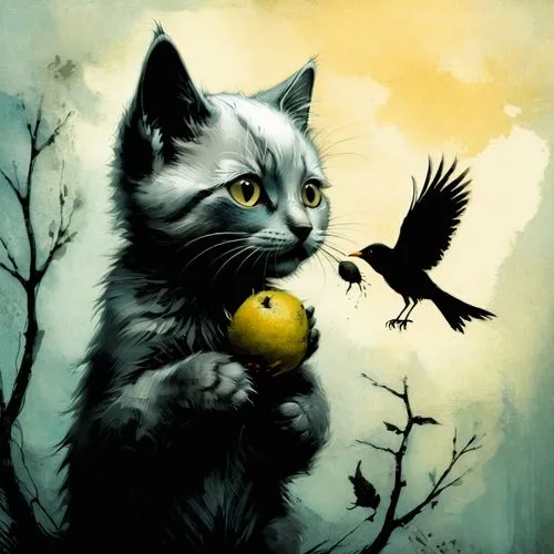 cat with eagle eyes,yellow eyes,catbirds,cat sparrow,nimh,magpie cat,Illustration,Realistic Fantasy,Realistic Fantasy 29