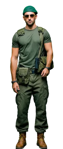 Muscular man, soldier, green military uniform, beret, sunglasses, facial stubble, strong jawline, intense gaze, standing at attention, boots polished, rifle on shoulder, urban background, dramatic lig