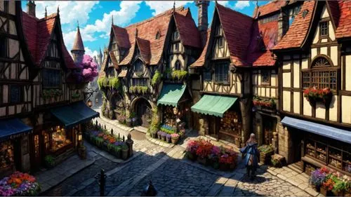 Anime style: medieval aerial street view, , narrow shops: textiles, crystals, flowers, brooms. a bustling city street, stone tudor architecture. mid-morning, window shoppers, uneven buildings, art nou