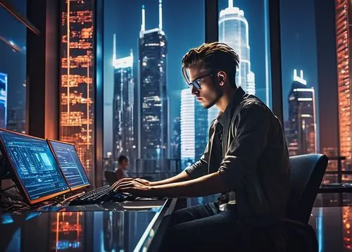 Cyberpunk cityscape, futuristic skyscraper, software company building, modern minimalist interior, sleek metal beams, floor-to-ceiling windows, rows of computer workstations, coding engineer, young ad