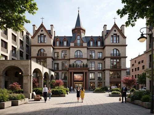 Elegant bus station, academic architectural style, symmetrical facade, grand entrance, ornate details, classical columns, arches, rusticated stone walls, steeply pitched roofs, dormer windows, copper 