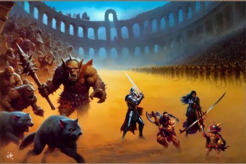 Sandy misty Collosseum 1986 painting,a group of men in medieval armor holding swords,runequest,cataphracts,guards of the canyon,dragonlance,glorantha,cirith