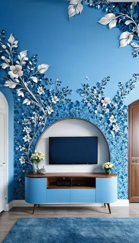 blue birds and blossom,flower wall en,blue room,aquarium decor,wall sticker,quince decorative,wall decoration,interior decoration,blue sea shell pattern,japanese floral background,wall painting,patterned wood decoration,interior decor,contemporary decor,blue star magnolia,wall plaster,modern decor,damask background,hydrangea background,blue butterflies,Photography,General,Realistic