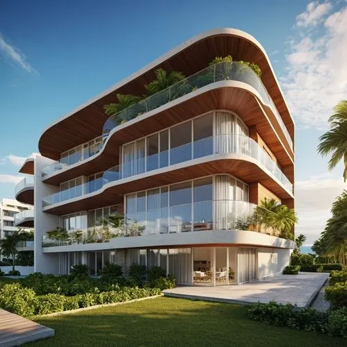 edificio frente al mar  con  un a plaza en la parte de enfrente y a lado derecho tiene un  parque de arboles,the facade of this contemporary house is all stacked up,penthouses,inmobiliaria,escala,cond