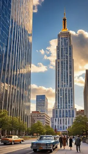 Albany NY, Empire State Plaza, modern skyscraper, glass curtain wall, steel frame structure, angular rooftop, urban cityscape, busy streets, pedestrians walking, cars driving by, cloudy sky with sunbe