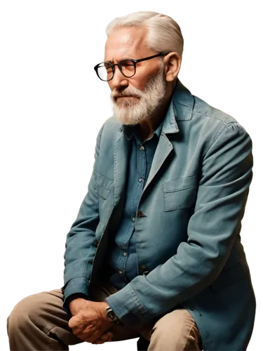 Old man, sadness, wrinkles, white hair, thick beard, glasses, worn-out clothes, sitting, leaning forward, hands clasped together, solemn expression, warm lighting, shallow depth of field, cinematic co