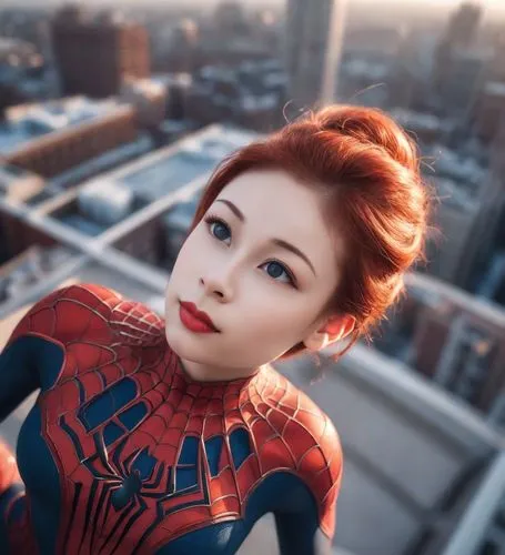 photo of female spidewoman on (top of a building:1.2), (photorealistic, raw, extremely intricate:1.3), dawn, cinematic light, best shadow, looking at viewer, skinny, (detailed skin:1.4), blurry, red l