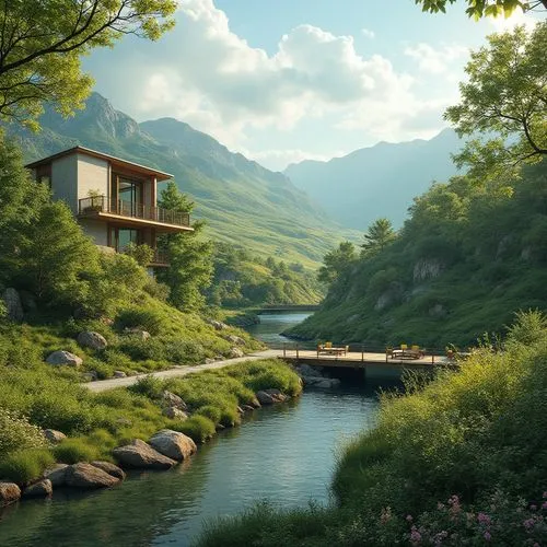 house in mountains,house in the mountains,home landscape,house by the water,house with lake,landscape background,the cabin in the mountains,river landscape,world digital painting,green landscape,nature landscape,alpine landscape,beautiful landscape,fantasy landscape,summer cottage,idyllic,streamside,beautiful home,landscape nature,mountain landscape,Photography,General,Realistic