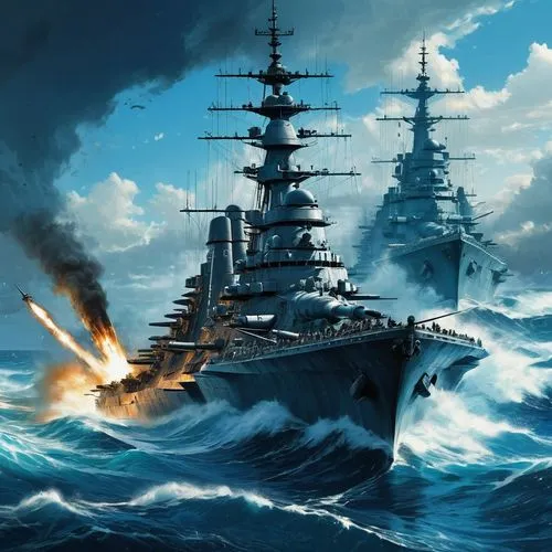 A military battleship with long naval guns cuts through the blue waves of the ocean, the blue sky,,scharnhorst,leberecht,yamato,bismarck,tirpitz,naval battle,abukuma,battlecruisers,battleships,kantai,